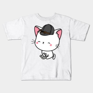 Funny white cat is ready to ride a horse Kids T-Shirt